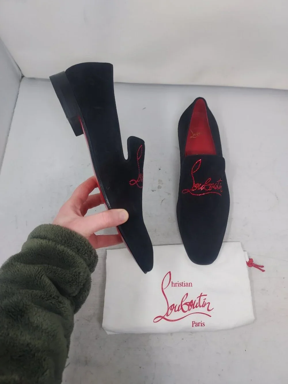 CHRISTIAN LOUBOUTIN MENS Black Dandelion Strass Suede Logo Loafer